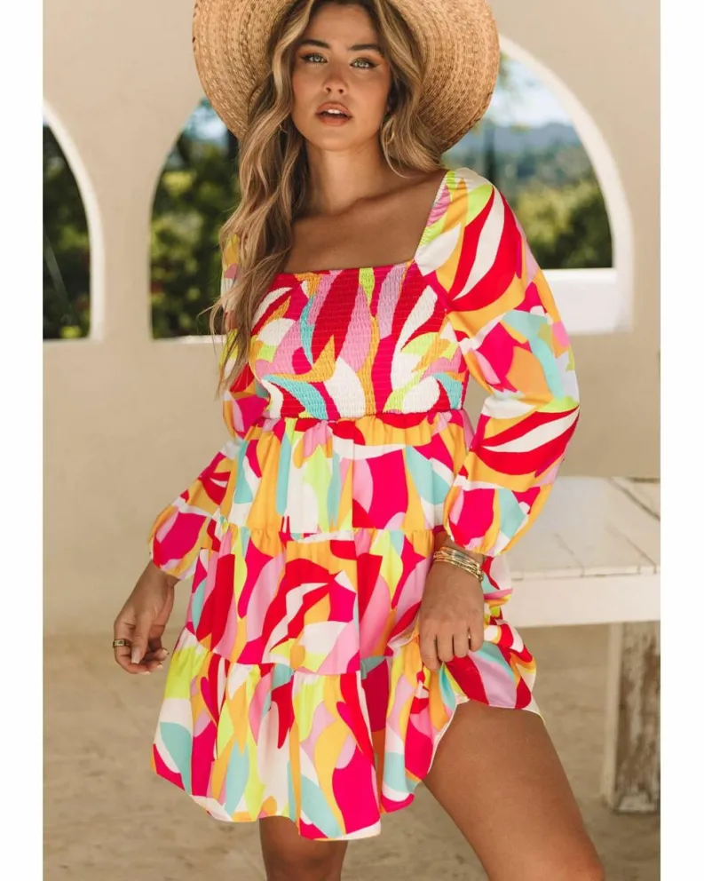 Smock Dresses*Azura Exchange color Abstract Print Puff Sleeve Smocked Square Neck Dress Multi