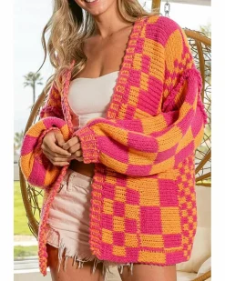Cardigans*Azura Exchange color Open Front Mixed Checkered Pattern Knit Cardigan Multi
