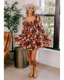 Smock Dresses*Azura Exchange colour Smocked High Waist Long Sleeve Floral Dress Multi