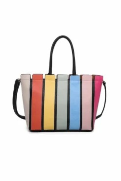 Tote Bags*Kitise MultiColour Striped Medium Tote Shoulder Handbag Black