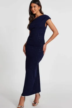 Midi Dresses*Quiz Glitter Asymmetric Midi Dress Navy