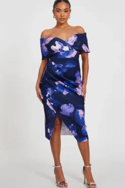 Midi Dresses*Quiz Petite Floral Bardot Midi Dress Navy