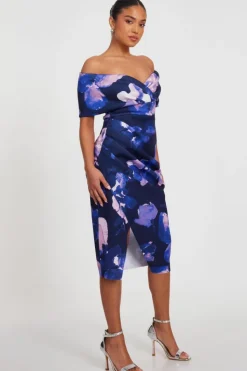 Midi Dresses*Quiz Petite Floral Bardot Midi Dress Navy