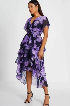Midi Dresses*Quiz Petite Floral Dip Hem Tiered Midi Dress Navy