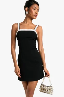 Mini Dresses*boohoo Neck Pearl Trim Detail Mini Dress black