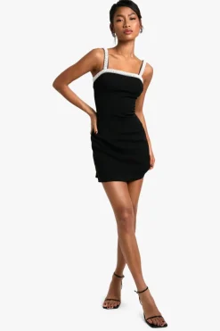 Mini Dresses*boohoo Neck Pearl Trim Detail Mini Dress black