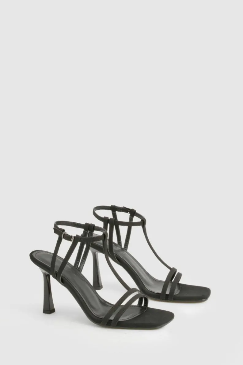 Heels*boohoo Neoprene T Bar Strappy Square Toe Heels black