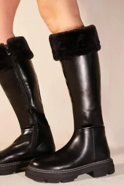 Calf High Boots*Where's That From Nevaey' Platform Calf High Boots With Fur Cuff Black