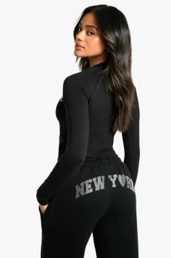 Long Sleeve Tops*boohoo NEW YORK DIAMANTE LONG SLEEVE TEE black