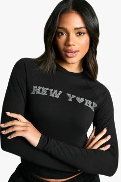 Long Sleeve Tops*boohoo NEW YORK DIAMANTE LONG SLEEVE TEE black