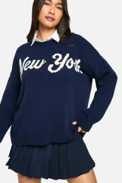 Oversized Jumpers|Jumpers*boohoo New York Oversized Crew Neck Knitted Jumper navy