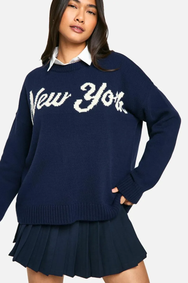 Oversized Jumpers|Jumpers*boohoo New York Oversized Crew Neck Knitted Jumper navy