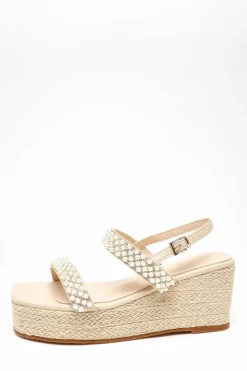 Sandals*Quiz Pearl Strap Woven Wedges Nude