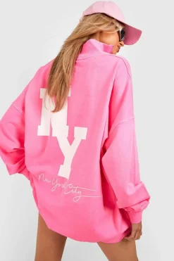 Sweatshirts|Hoodies & Sweatshirts*boohoo Ny Back Print Half Zip Oversized Sweatshirt neon-pink