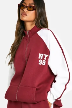 Sweatshirts|Tracksuits*boohoo NY Colour Block Zip Through Bomber Sweatshirt burgundy
