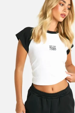 Long Sleeve Tops*boohoo NY Manhattan Printed Jersey Raglan Top white