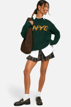 Oversized Jumpers*boohoo Nyc Oversized Knitted Crew Neck Jumper bottle green