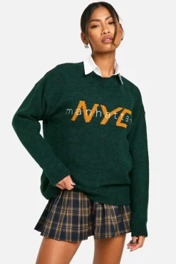 Oversized Jumpers*boohoo Nyc Oversized Knitted Crew Neck Jumper bottle green
