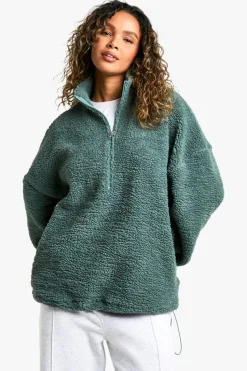 Sweatshirts|Hoodies & Sweatshirts*boohoo Nylon Detail Half Zip Oversized Borg Sweatshirt khaki