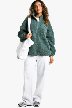 Sweatshirts|Hoodies & Sweatshirts*boohoo Nylon Detail Half Zip Oversized Borg Sweatshirt khaki