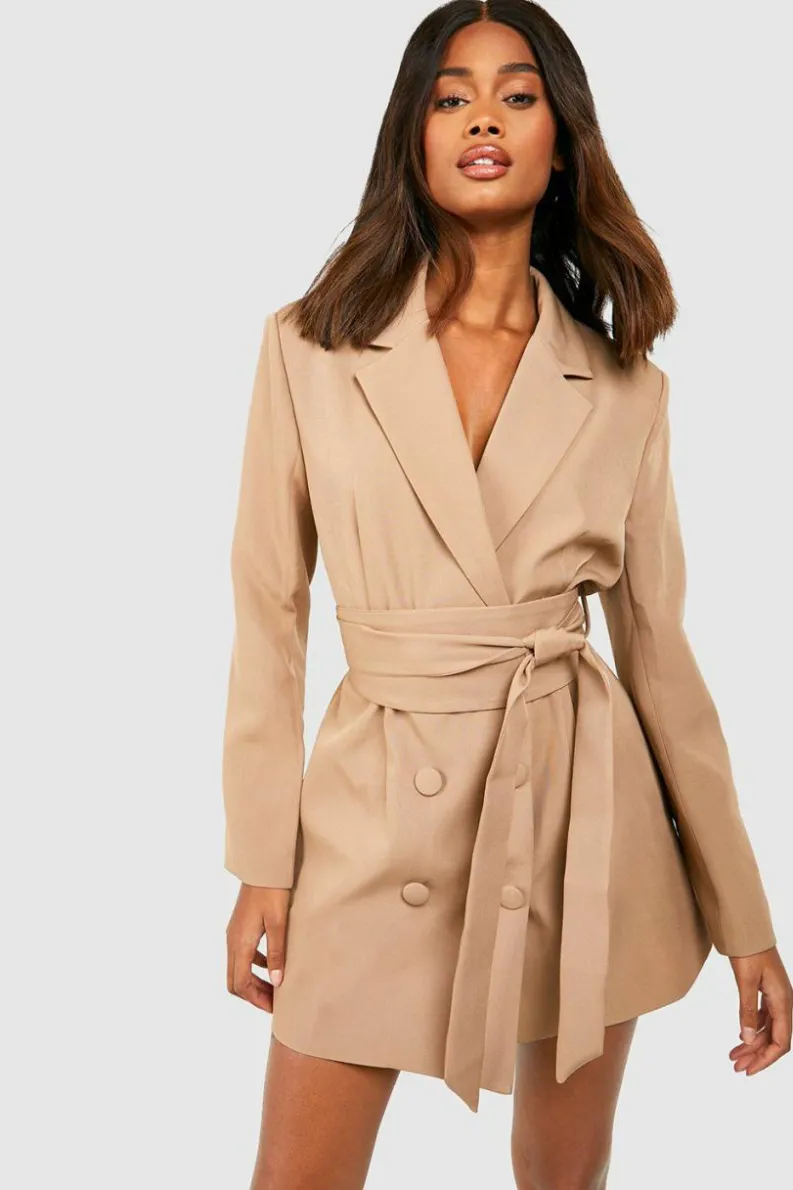 Blazer Dresses|Mini Dresses*boohoo Obi Tie Waist Blazer Dress soft beige