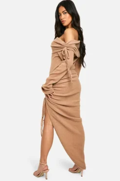 Maxi Dresses*boohoo Off Shoulder Rib Ruched Maxi Dress mocha