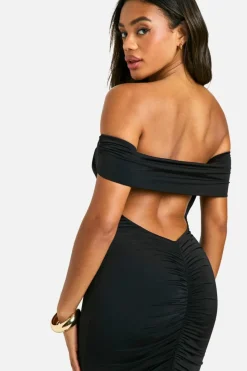 Bodycon Dresses*boohoo Off Shoulder Ruched Back Slinky Maxi Dress black