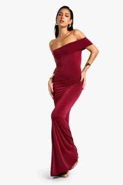 Bodycon Dresses*boohoo Off Shoulder Ruched Back Slinky Maxi Dress plum