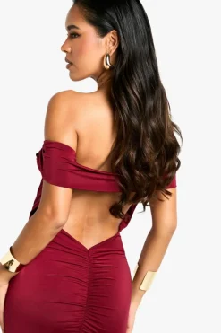 Bodycon Dresses*boohoo Off Shoulder Ruched Back Slinky Maxi Dress plum