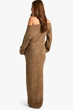 Maxi Dresses|Jumper Dresses*boohoo Off The Shoulder Borg Knitted Maxi Dress camel