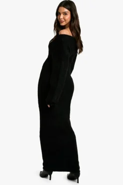 Jumper Dresses|Jumper Dresses*boohoo Off The Shoulder Borg Knitted Maxi Dress black