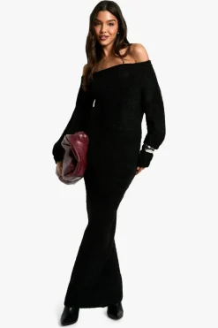 Jumper Dresses|Jumper Dresses*boohoo Off The Shoulder Borg Knitted Maxi Dress black