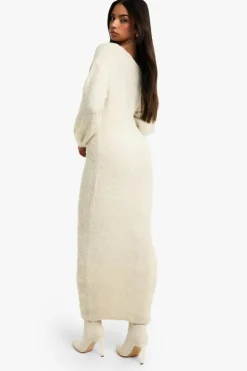 Maxi Dresses|Jumper Dresses*boohoo Off The Shoulder Borg Knitted Maxi Dress cream