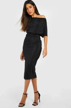 Midi Dresses*boohoo Off The Shoulder Plisse Midi Dress black