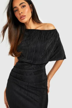 Midi Dresses*boohoo Off The Shoulder Plisse Midi Dress black