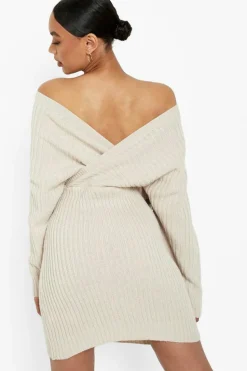 Jumper Dresses|Jumper Dresses*boohoo Off The Shoulder Rib Knit Dress stone