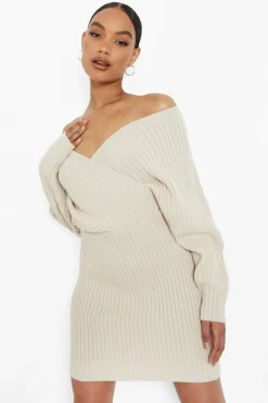 Jumper Dresses|Jumper Dresses*boohoo Off The Shoulder Rib Knit Dress stone