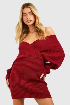 Jumper Dresses|Jumper Dresses*boohoo Off The Shoulder Rib Knit Dress dark red