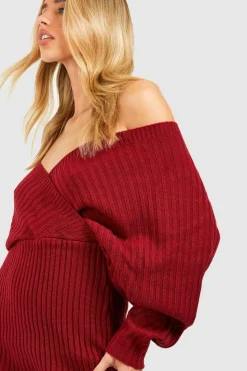 Jumper Dresses|Jumper Dresses*boohoo Off The Shoulder Rib Knit Dress dark red