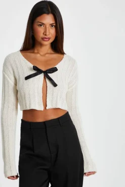 Cardigans*Quiz Crochet Knit Tie Cardigan Off White