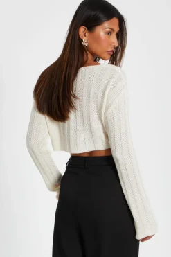 Cardigans*Quiz Crochet Knit Tie Cardigan Off White