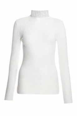 Jumpers*Quiz Diamante Turtle Neck Jumper Off White