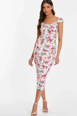 Bodycon Dresses|Midi Dresses*Quiz Floral Bardot Midi Dress Off White