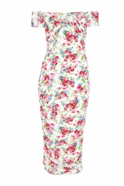 Bodycon Dresses|Midi Dresses*Quiz Floral Bardot Midi Dress Off White