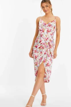 Midi Dresses*Quiz Floral Satin Ruched Midi Dress Off White