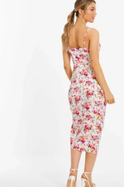Midi Dresses*Quiz Floral Satin Ruched Midi Dress Off White