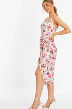 Midi Dresses*Quiz Floral Satin Ruched Midi Dress Off White
