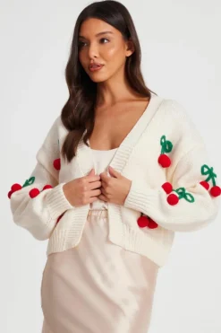 Cardigans*Quiz Knit Cherry Detail Cardigan Off White