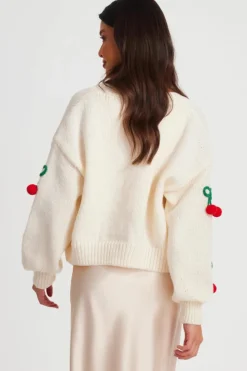 Cardigans*Quiz Knit Cherry Detail Cardigan Off White