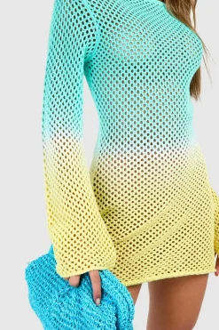 Jumper Dresses|Jumper Dresses*boohoo Ombre Crochet Boat Neck Knitted Mini Dress blue